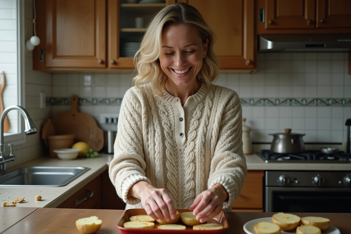 Femme en pull arrangeant pommes de terre assaisonnees