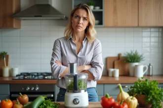 Femme d'âge moyen dans la cuisine avec robot moderne et légumes