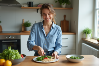 Femme souriante préparant un repas sain dans la cuisine