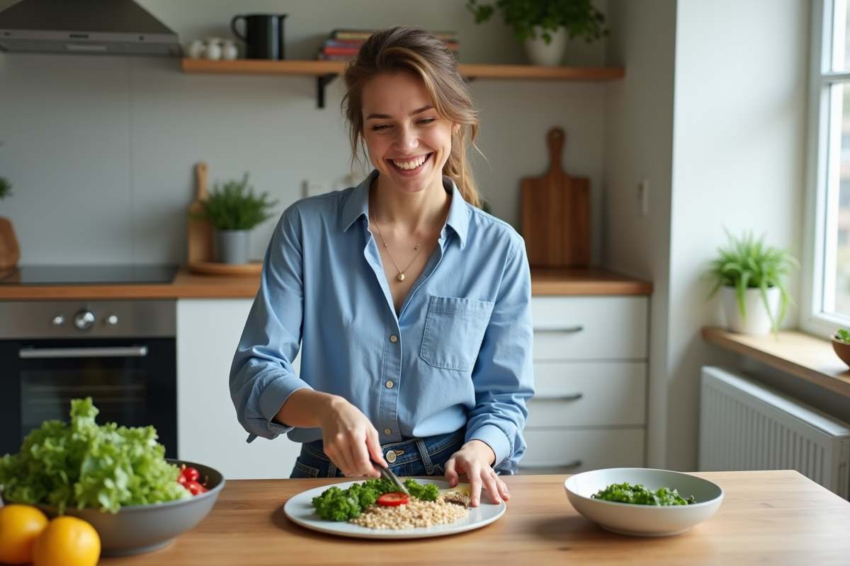 Femme souriante préparant un repas sain dans la cuisine