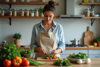 Femme préparant une salade fraîche dans une cuisine moderne