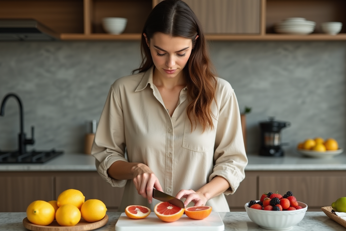 Femme en cuisine coupant un pamplemousse frais