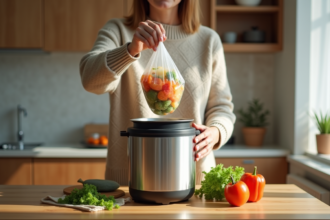 Femme versant des légumes dans un robot soupe moderne
