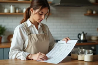 Femme en tablier de cuisine lisant une table de conversion grammes en litres posée sur un plan de travail en bois entouré d'ingrédients en bocaux