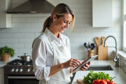 Femme en cuisine moderne utilisant une tablette avec légumes frais