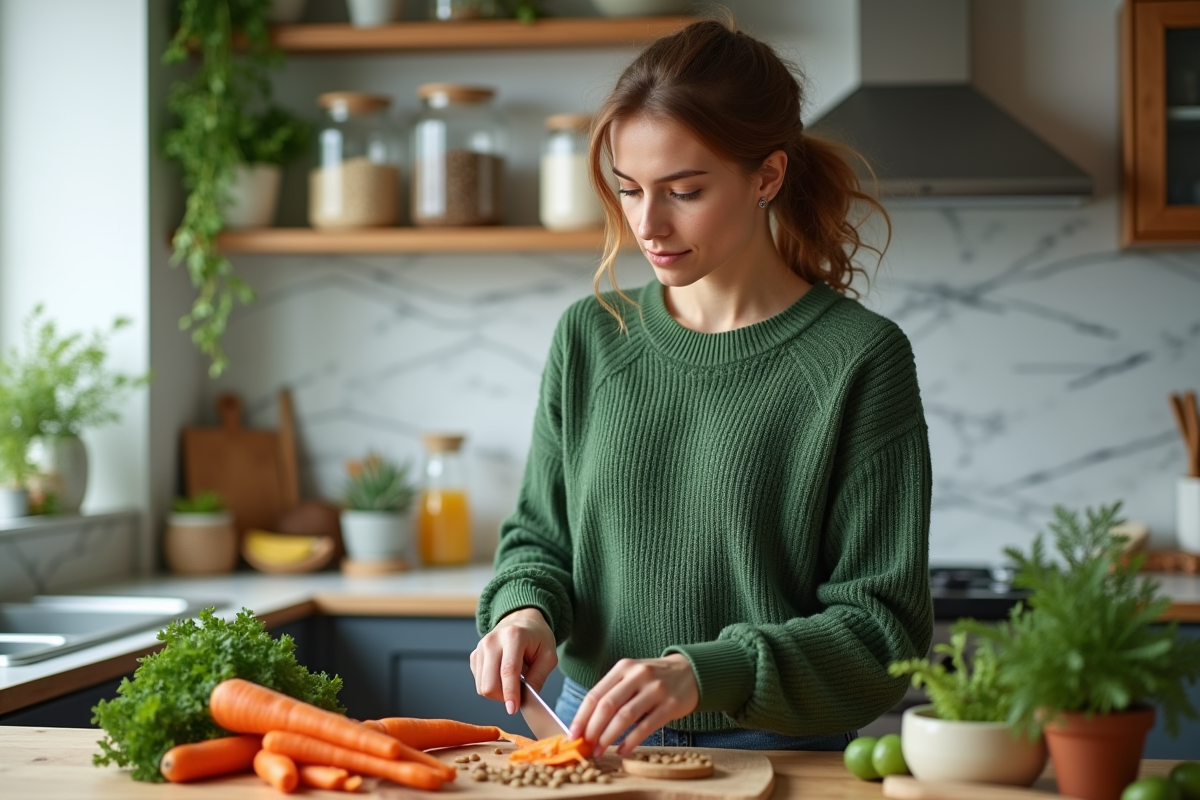 Jeune femme prépare un repas vegan dans une cuisine lumineuse