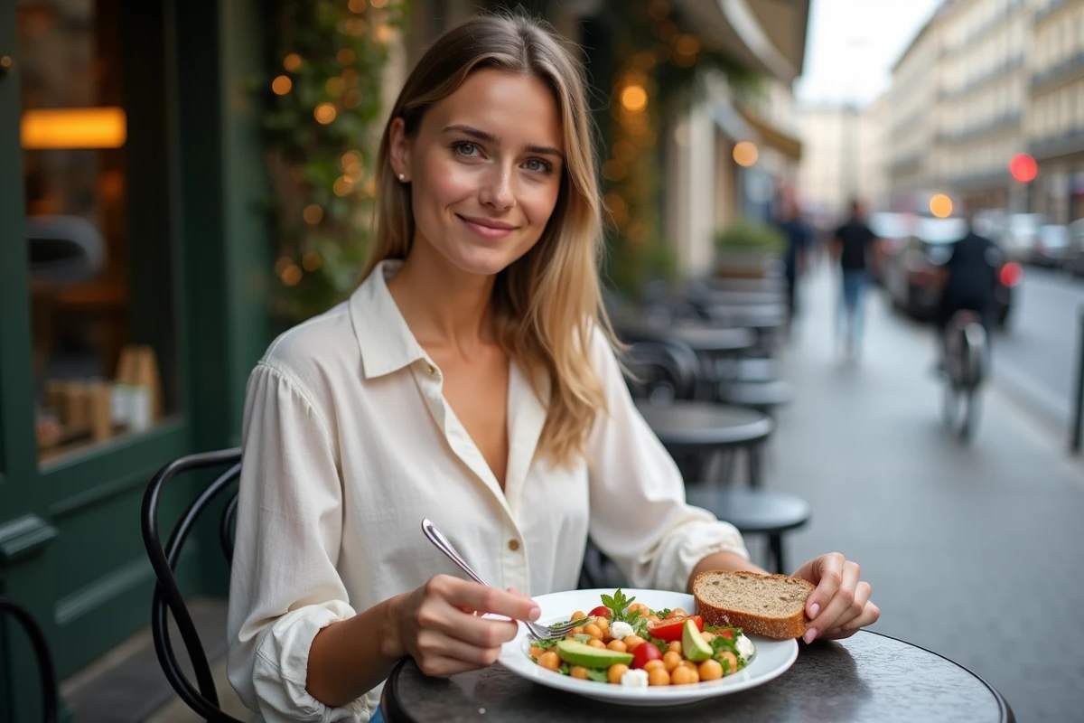 Femme mangeant un déjeuner équilibré en terrasse avec salade de pois chiches, avocat et feta