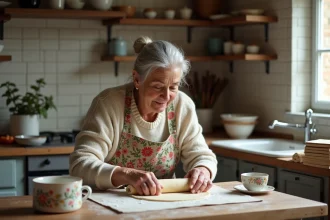 Femme âgée française préparant une pâte à tarte dans la cuisine