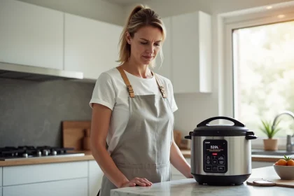 Femme consultant l'affichage d'un Cookeo affichant une erreur dans une cuisine moderne