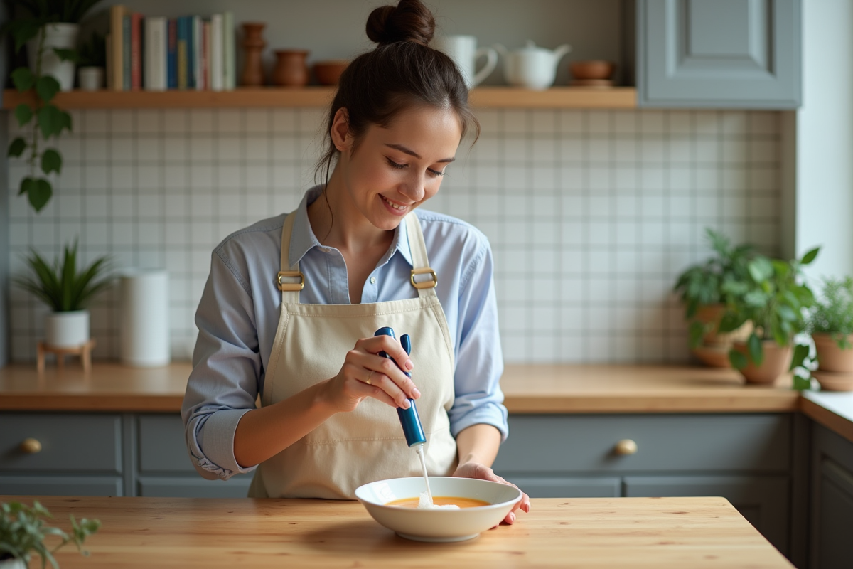 Jeune femme créant une espuma sur une soupe à la maison