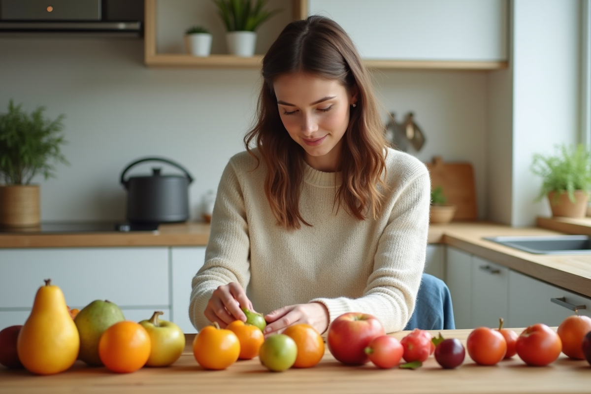 Jeune femme arrangeant des fruits dans la cuisine lumineuse