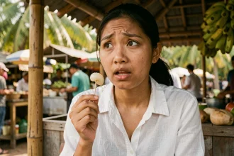 Femme goûtant un ver de coco pour la première fois dans un marché tropical en Asie du Sud-Est
