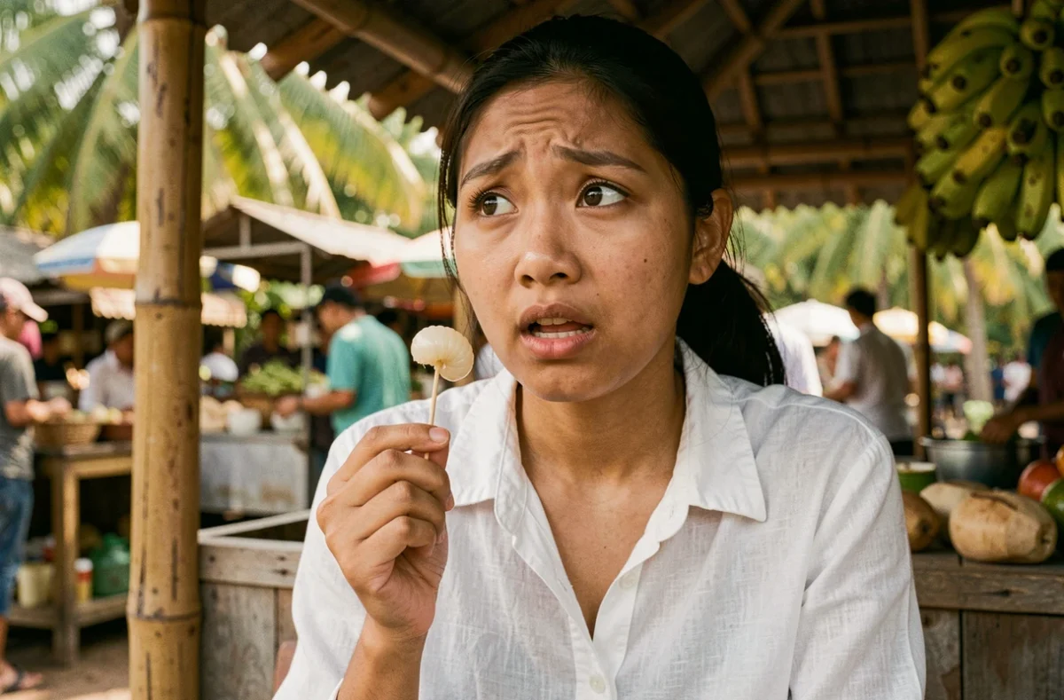 Femme goûtant un ver de coco pour la première fois dans un marché tropical en Asie du Sud-Est