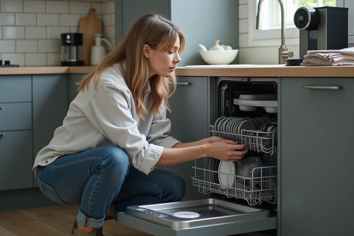 Femme inspectant le panneau de commande d'un lave-vaisselle silencieux dans un appartement urbain