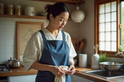Femme japonaise en tablier indigo dans la cuisine lumineuse