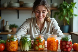 Femme arrangeant bocaux de légumes lactofermentés dans la cuisine