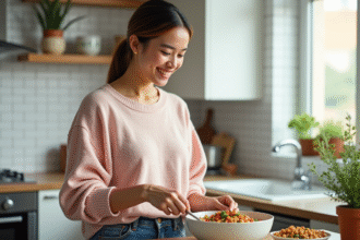 Femme souriante préparant une salade de legumes colorés