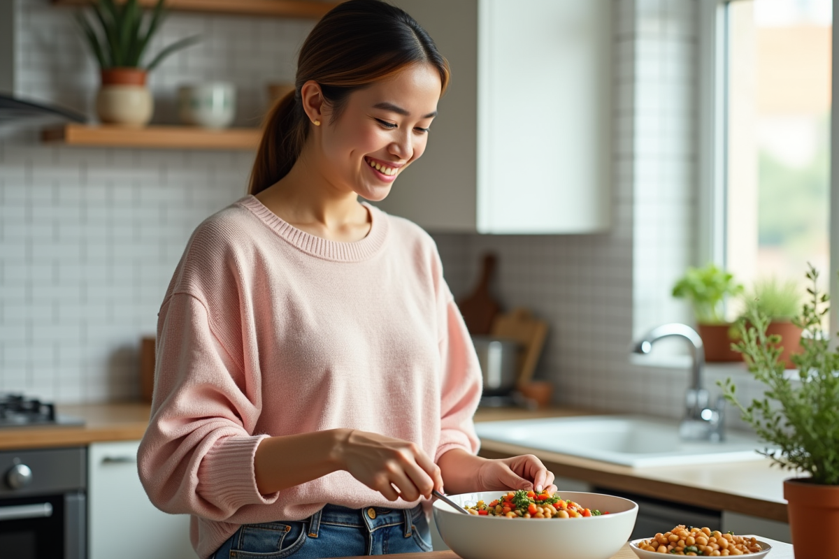Femme souriante préparant une salade de legumes colorés