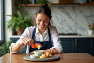 Femme souriante dégustant un homard dans une cuisine élégante