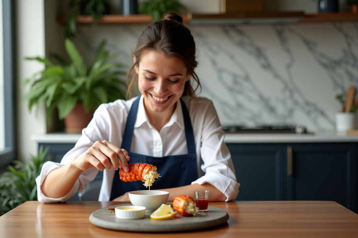 Femme souriante dégustant un homard dans une cuisine élégante