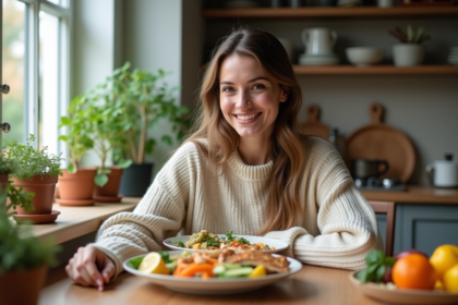 Jeune femme mangeant un repas équilibré dans la cuisine moderne