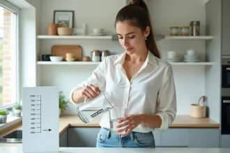 Jeune femme verse de leau dans un verre en cuisine