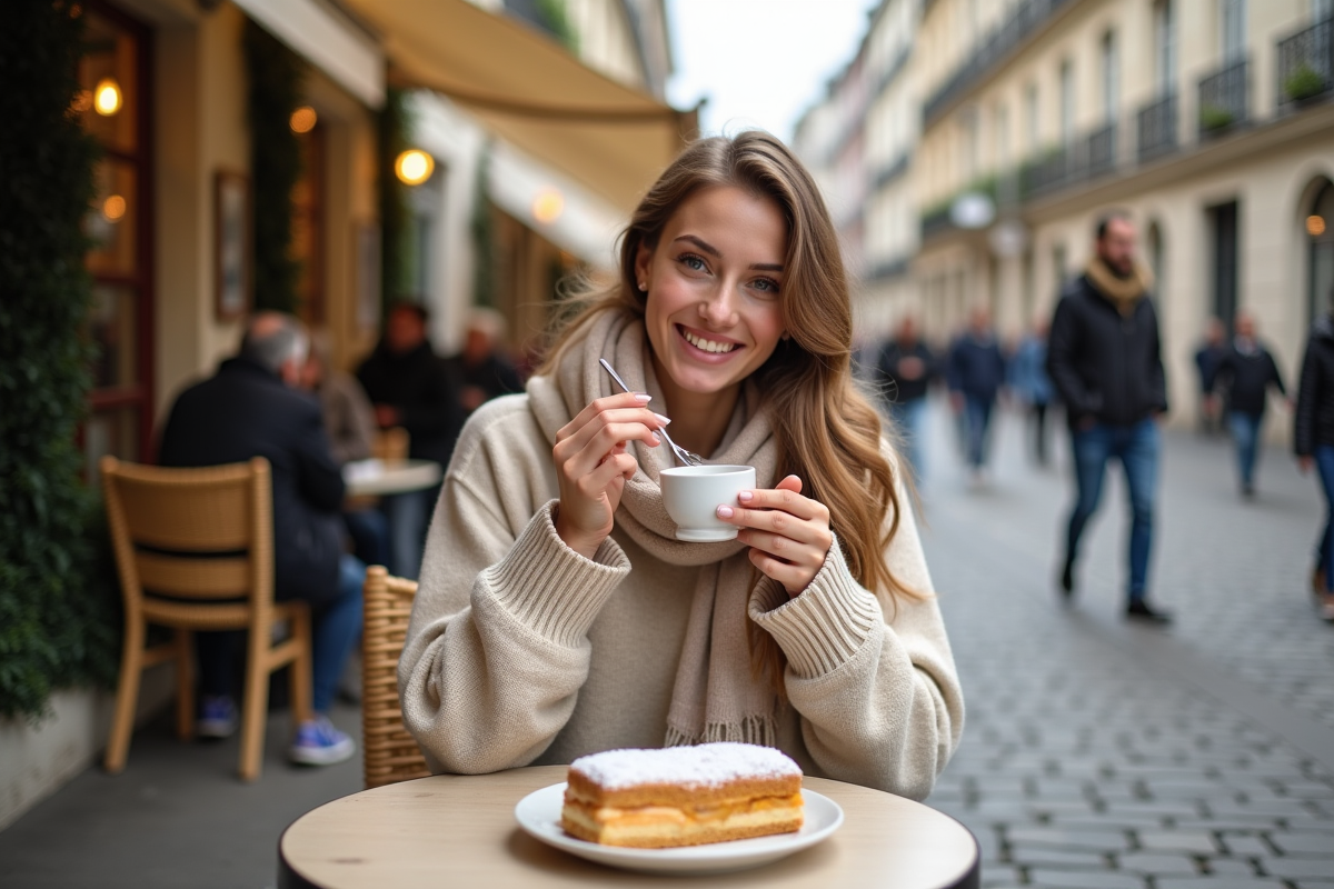 Jeune femme dégustant un millefeuille en terrasse