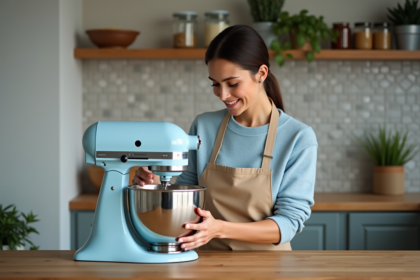 Femme en cuisine avec batteur et bol en inox