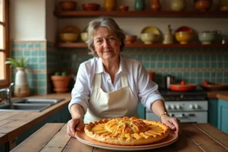 Femme en tablier blanc préparant une pastilla aux fruits de mer