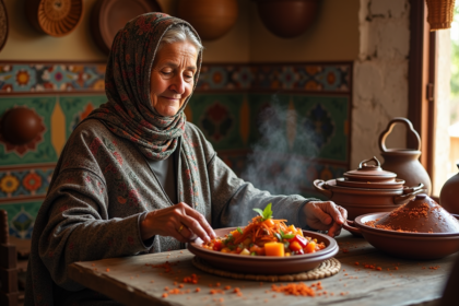 Femme âgée marocain préparant un tagine traditionnel