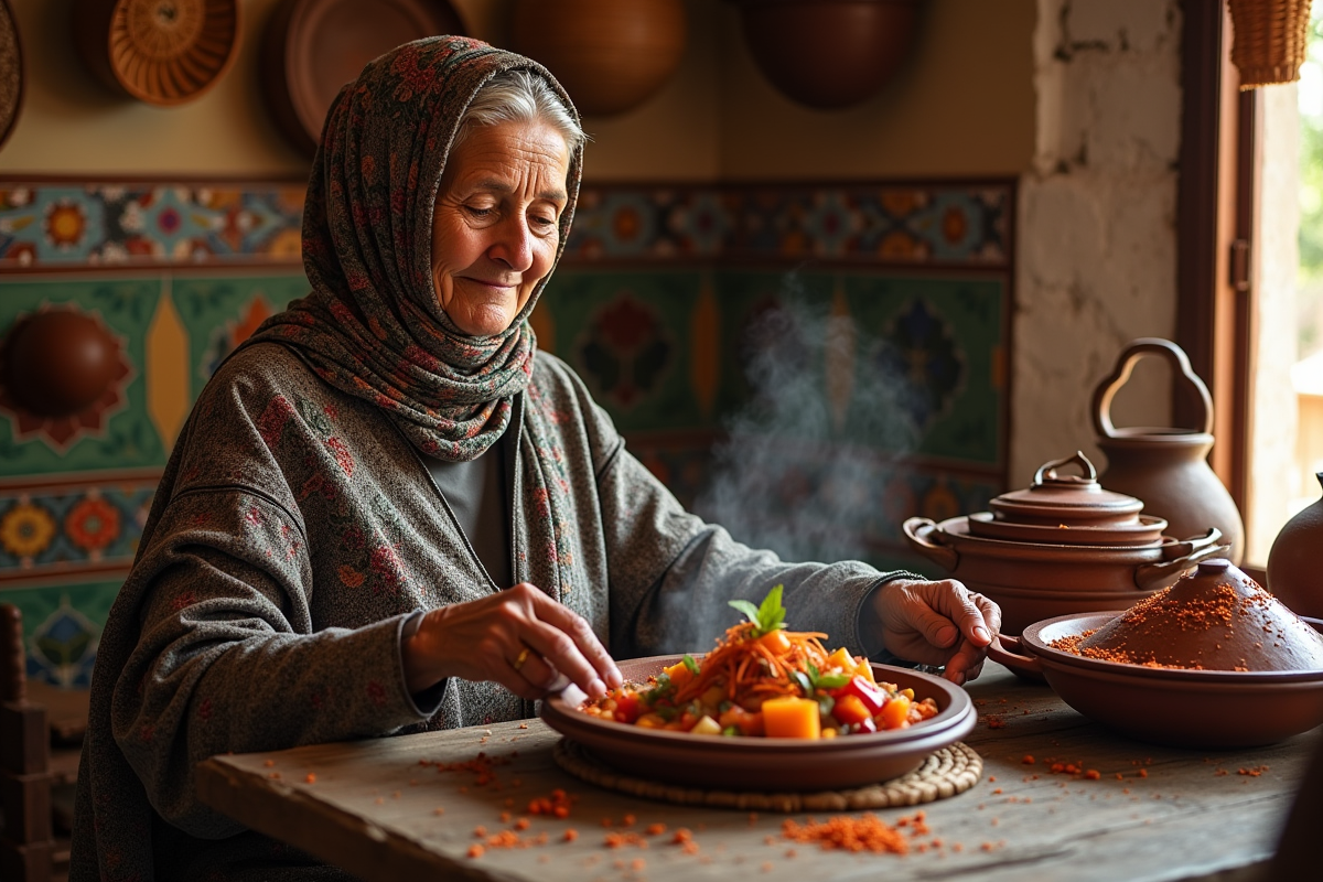 Femme âgée marocain préparant un tagine traditionnel