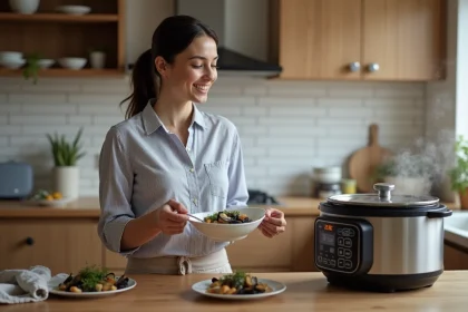 Femme servant un bol de moules à la crème dans la cuisine