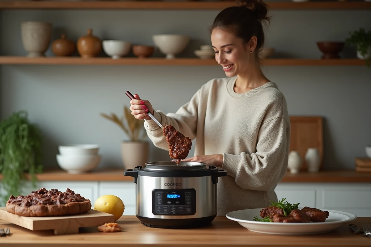 Jeune femme ajoutant du boeuf dans un multicooker dans une cuisine moderne