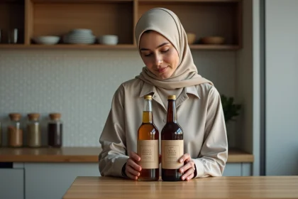 Femme musulmane en hijab examine un vinaigre halal à la cuisine
