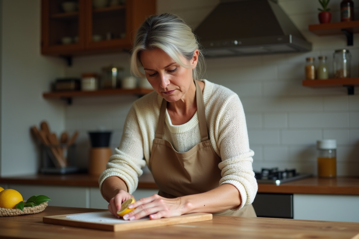 Femme en tablier nettoyant une planche en bois avec un demi citron