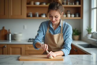 Femme nettoyant une planche en bois dans la cuisine