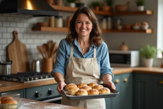 Femme en tablier saupoudre de farine en cuisine chaleureuse