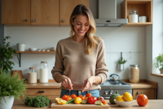 Femme souriante préparant un plateau de légumes frais