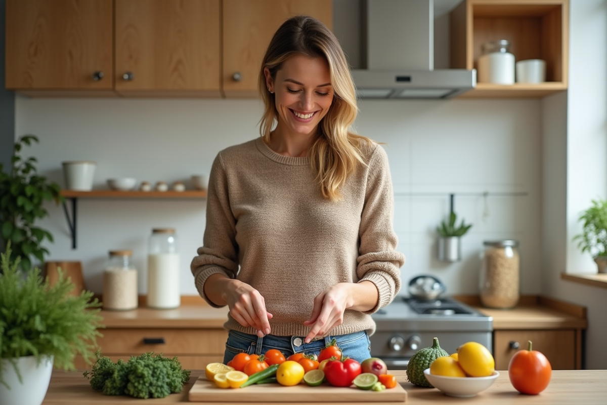 Femme souriante préparant un plateau de légumes frais