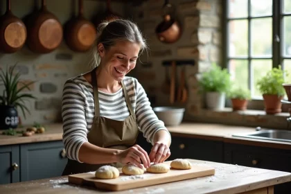 Femme en cuisine préparant des crépinettes de porc et veau