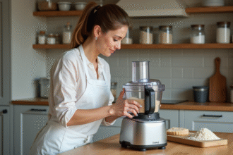 Femme en cuisine ajoutant des ingredients au robot