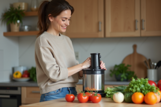 Femme dans la cuisine préparant des légumes dans un robot de cuisine