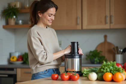 Femme dans la cuisine préparant des légumes dans un robot de cuisine