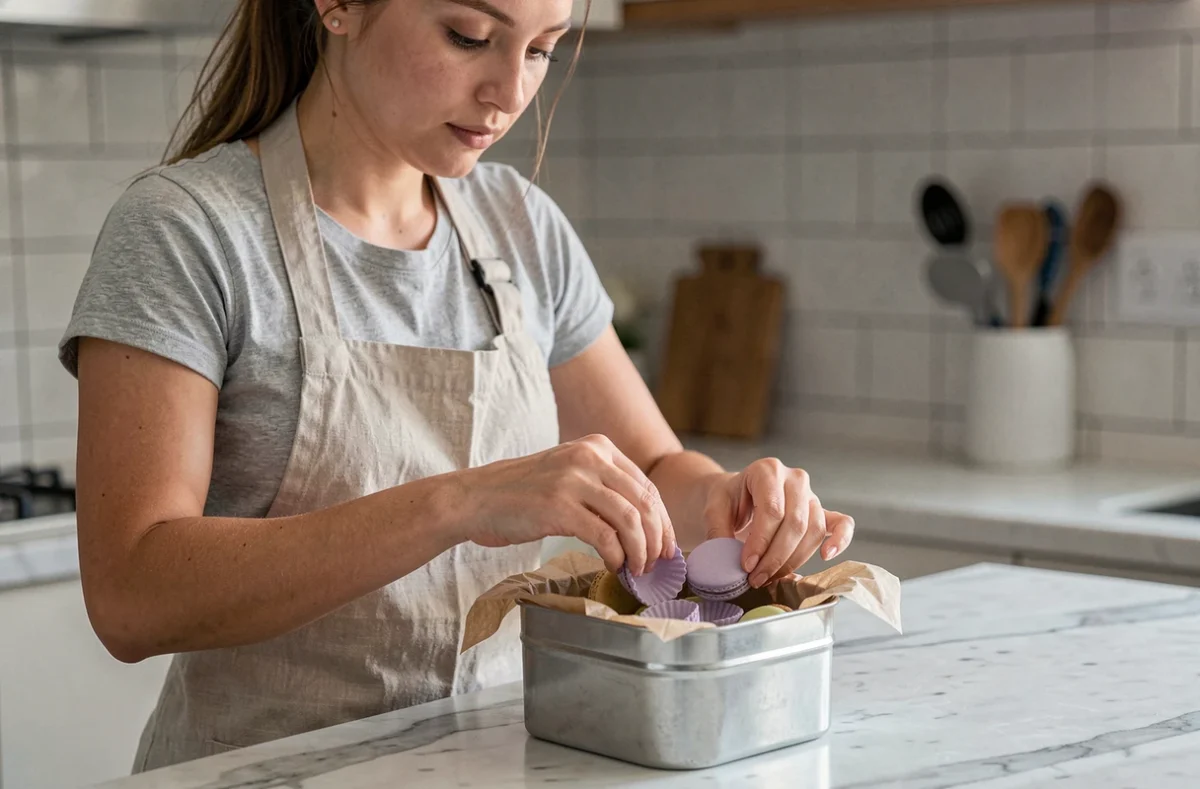 Femme rangeant des coques de macarons vides dans une boîte en métal tapissée de papier sulfurisé dans une cuisine