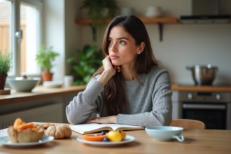 Femme pensant à des aliments zéro calorie à la maison