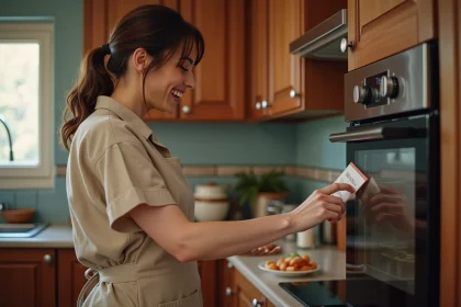 Femme réglant le thermostat de son four à 180 degrés dans une cuisine maison avec une recette manuscrite