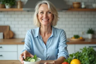 Femme souriante dans une cuisine moderne avec salade fraîche
