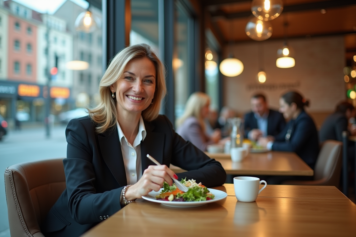 Femme d affaires dégustant une salade dans un restaurant urbain