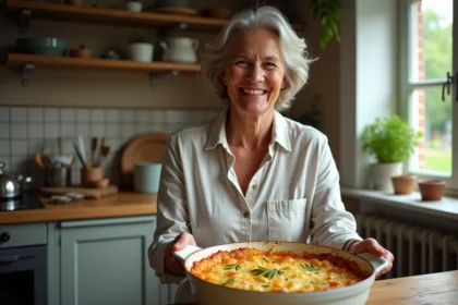 Femme souriante servant un gratin de zucchini maison