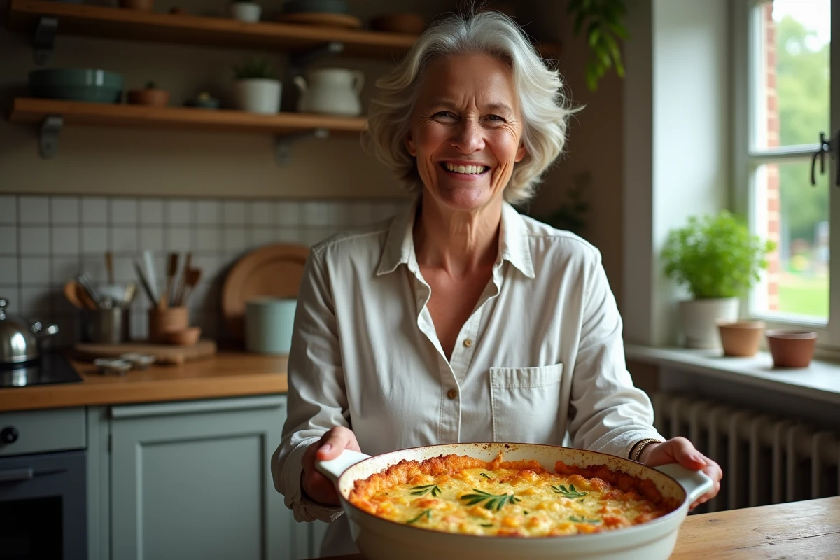Femme souriante servant un gratin de zucchini maison